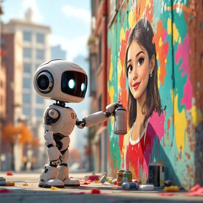 Primary subject: A robot painting a mural.

Setting/background: The robot is painting a mural on a wall, with a cityscape visible in the background.

Visual style: The image is a digital artwork, featuring a robot artist painting a mural.

Colors and mood: The mural is colorful, with a vibrant and lively atmosphere.